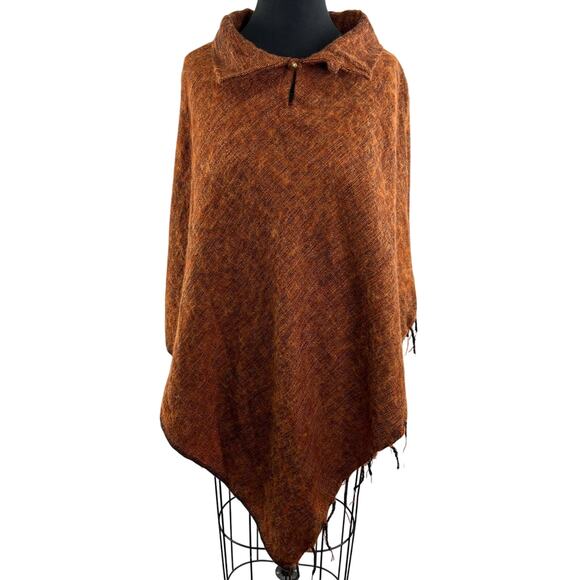 Zig Zag Burnt Orange Button Fringe Trim Pullover Collared Cape Poncho NEPAL OS - Picture 1 of 6